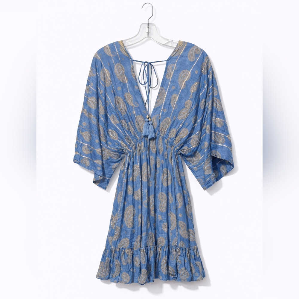 Zury Embroidered Blue & Gold V-Neck Boho Mini Dress – One Size – NWT - Picture 4 of 7